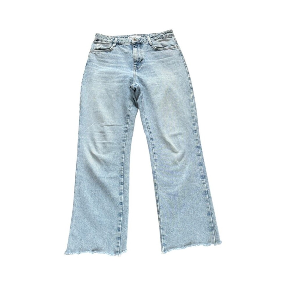 Zara The 90s Full Length High Rise Raw Hem Frayed Blue Jeans Size 6 Straight Leg